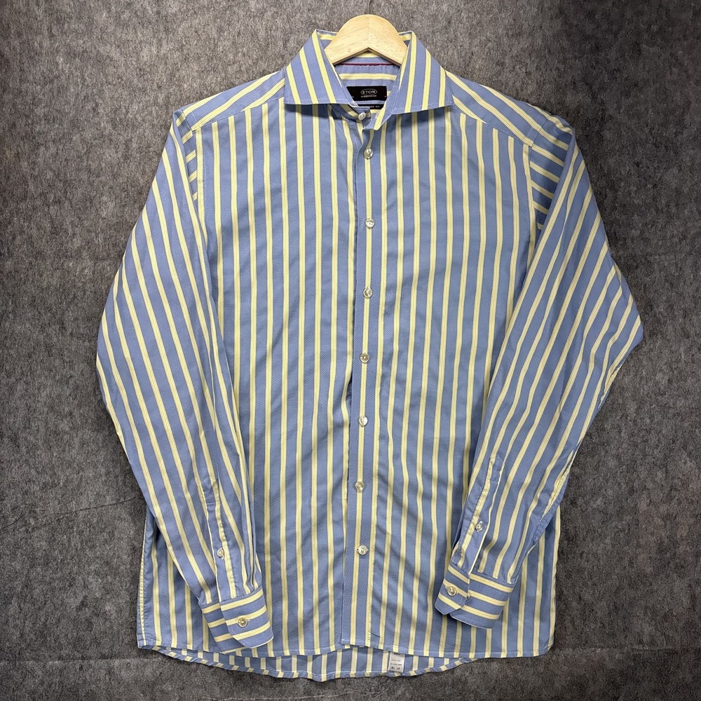 ETON Ganghester Striped Shirt Men's 16 41 Blue Yellow Striped Cotton Work Preppy
